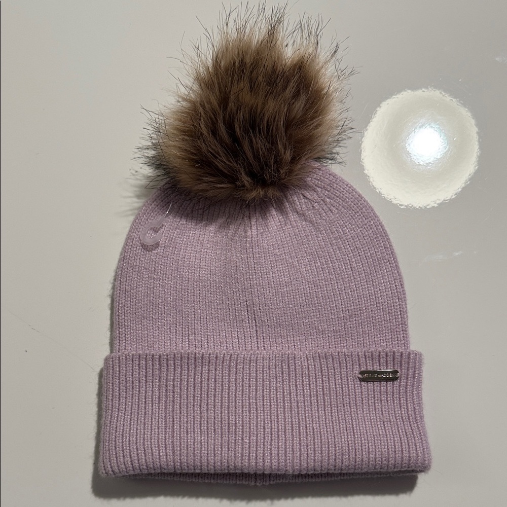 Steve Madden Womens Knit Hat Faux Fur Mauve Pom Pom Beanie One Size